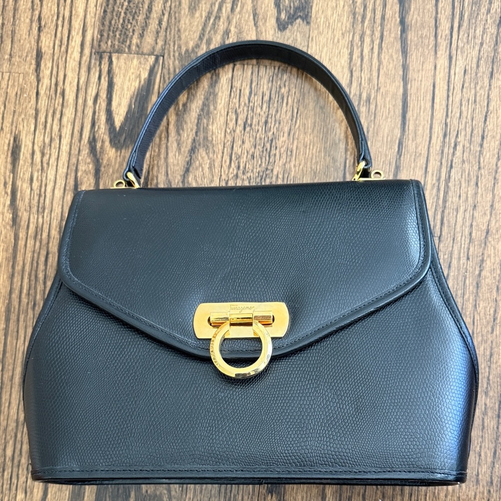 Vintage Ferragamo Black Leather Top-Handle Handbag with Snakeskin Texture